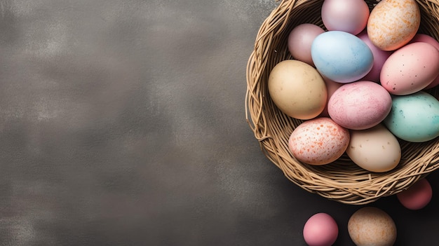 Foto glücklicher ostertag mit bemalten eiern farbenfrohen in dem korb oder nest auf hölzern hintergrund oder kopierraum