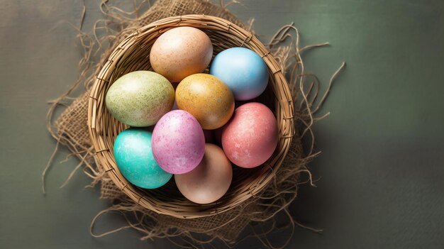 Glücklicher Ostertag mit bemalten Eiern farbenfrohen in dem Korb oder Nest auf hölzern Hintergrund oder Kopierraum