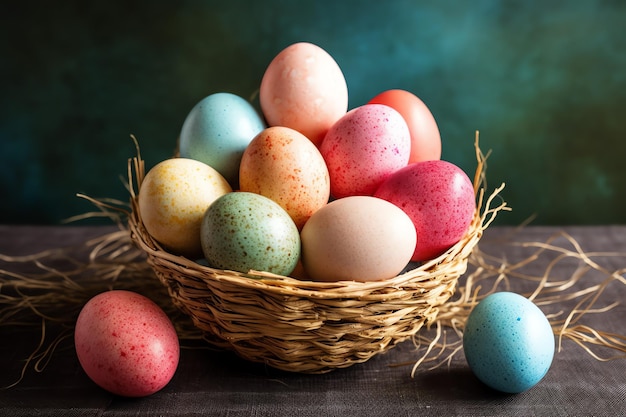 Glücklicher Ostertag mit bemalten Eiern farbenfrohen in dem Korb oder Nest auf hölzern Hintergrund oder Kopierraum