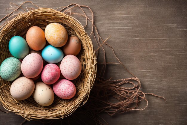 Glücklicher Ostertag mit bemalten Eiern farbenfrohen in dem Korb oder Nest auf hölzern Hintergrund oder Kopierraum