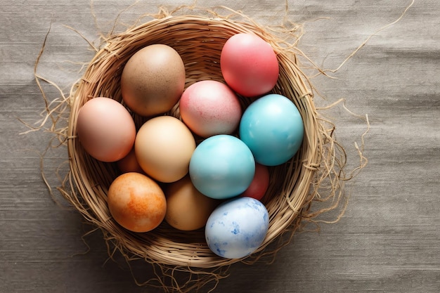 Glücklicher Ostertag mit bemalten Eiern farbenfrohen in dem Korb oder Nest auf hölzern Hintergrund oder Kopierraum