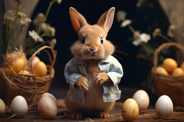 Glücklicher Ostertag mit einem Kaninchen, das Ostereier hält