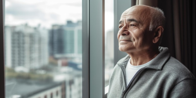 Glücklicher reifer Mann, der lächelnd am Fenster mit Blick auf die Stadt steht und sehr glücklich aussieht Generative AI AIG20