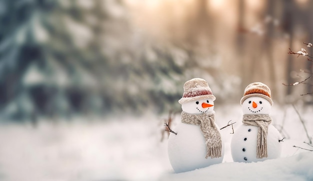 Foto glücklicher schneemann in winterlandschaft mit kopierraum verschwommenes bokeh schnee magische weiße landschaft hintergrund frohe weihnachten und ein glückliches neues jahr karte winterwunderland natur