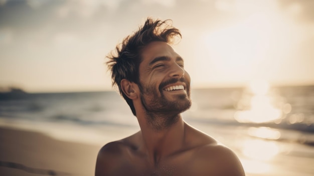 Glücklicher schöner junger Mann am Strand