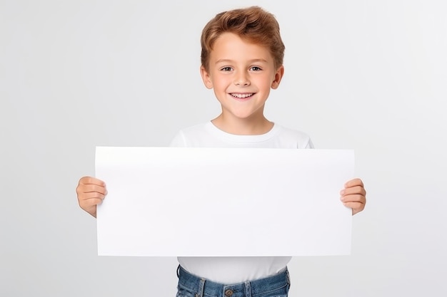 Glücklicher Scholl-Junge mit einem leeren weißen Banner, ein isoliertes Studio-Porträt