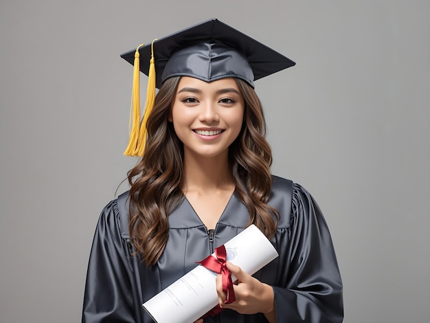 Glücklicher Student mit Abschlussmütze und Diplom auf grau