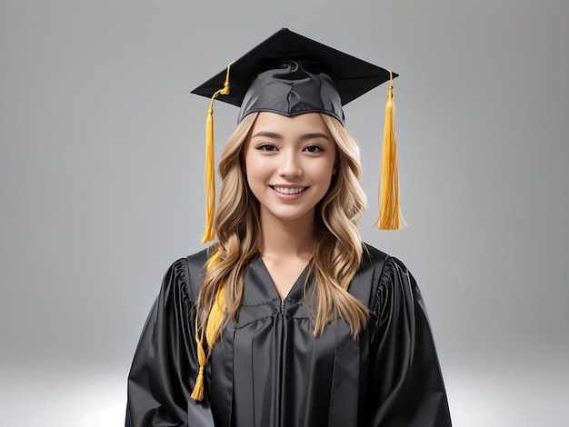 Glücklicher Student mit Abschlussmütze und Diplom auf grau