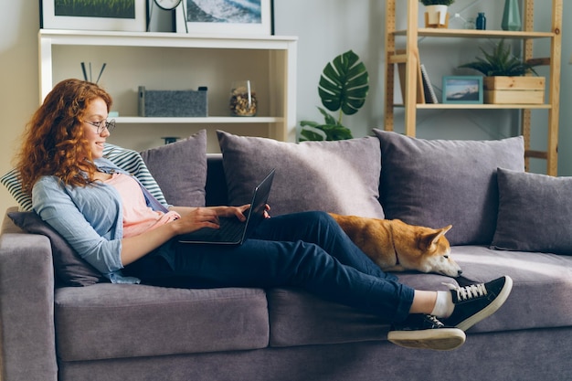 Foto glücklicher student mit laptop auf der couch sitzend mit shiba-inu-hund in der wohnung