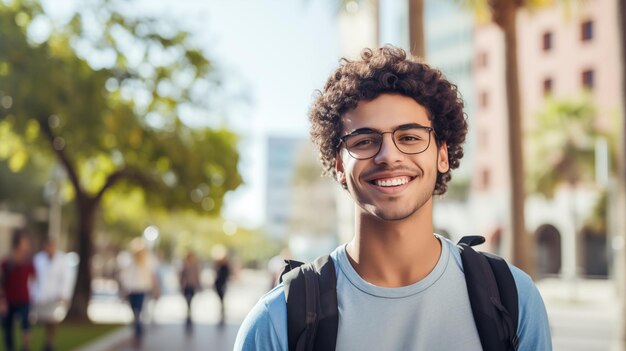 Glücklicher Student Porträt eines männlichen Studenten mit Rucksack
