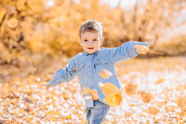 Glücklicher süßer Junge, der mit Herbstlaub im Park spielt