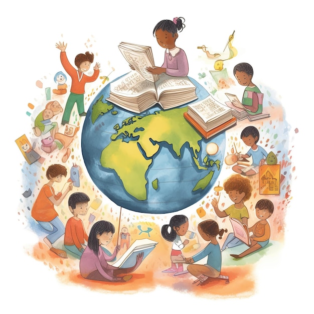 Glücklicher Tag der Alphabetisierung Junge Menschen feiern den Tag der Alphabetisierung, indem sie Bücher von Ai Generated lesen