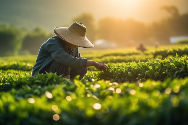 Glücklicher thailändischer männlicher Bauer, der Reis auf dem Land in Thailand erntet Generative KI