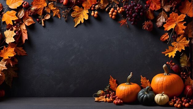 Foto glücklicher thanksgiving-konzepthintergrund mit kürbissen und blättern auf dunklem hintergrund