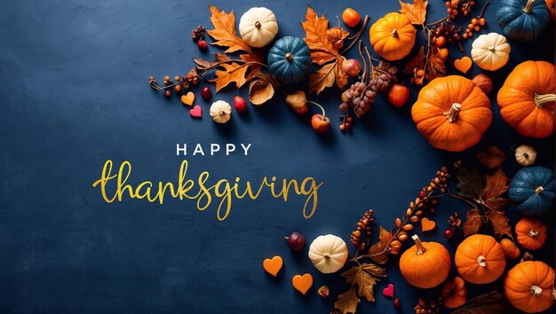 Foto glücklicher thanksgiving-konzepthintergrund mit kürbissen und blättern auf dunklem hintergrund