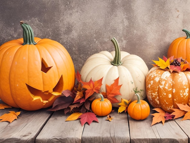 Glücklicher Thanksgiving-Kürbisse mit Früchten und fallenden Blättern auf einem rustikalen Holztisch