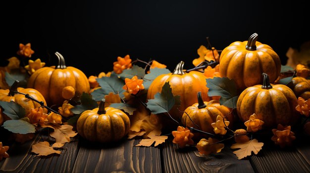 Glücklicher Thanksgiving-Text mit Kürbissen und Blättern auf dunklem Holzhintergrund, wunderschön gefertigt mit