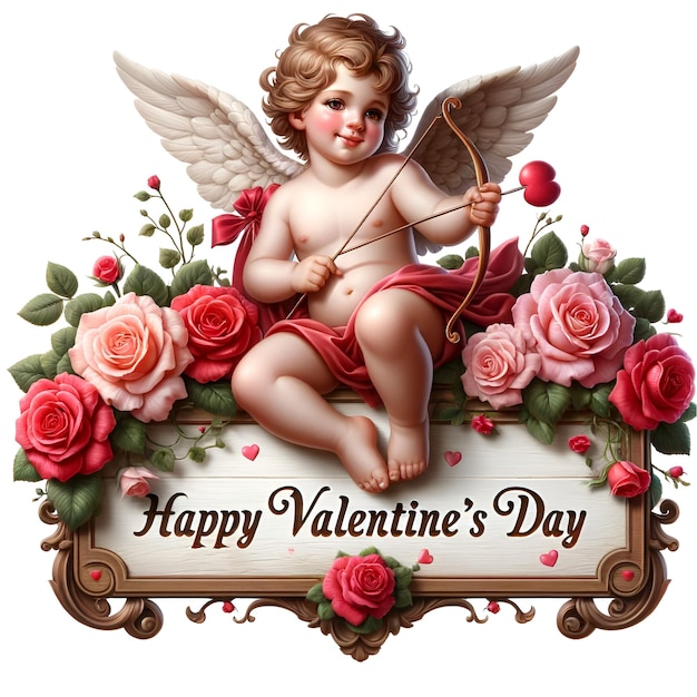 Glücklicher Valentinstag 3D Cherub oder Cupid sitzt und schießt herzförmige Pfeile auf ein großes hölzernes Schild mit der Aufschrift "Glücklichster Valentinstag" geschmückt mit Rosen und Reben auf weißem Hintergrund
