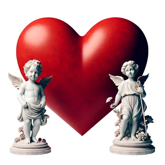 Foto glücklicher valentinstag 3d großes rotes herz und cupid junge und mädchen stehen lächelnd auf jeder seite auf einem weißen hintergrund