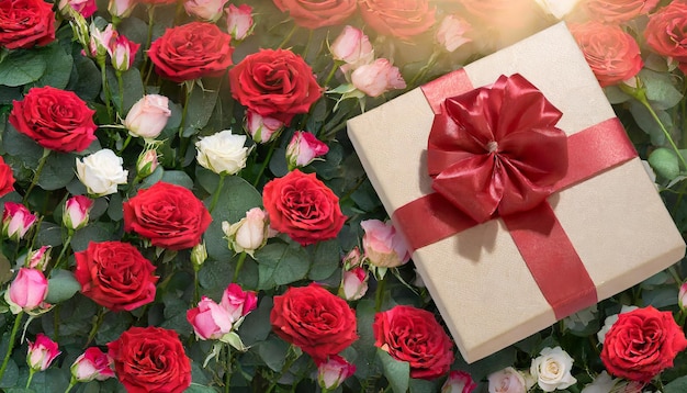 Glücklicher Valentinstag-Banner Top-View auf Geschenkkiste und Bogen mit wunderschönem Hintergrund von Rosen