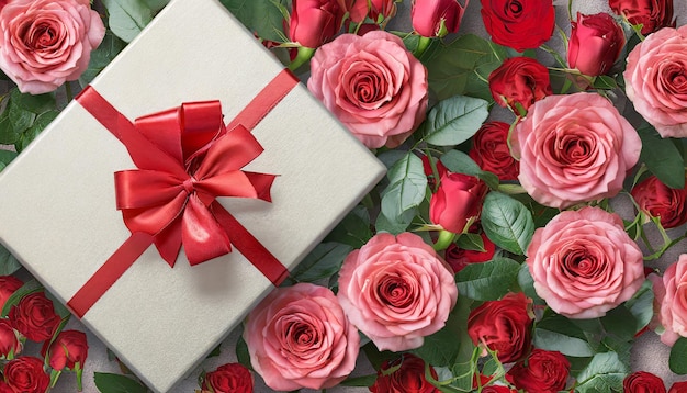 Glücklicher Valentinstag-Banner Top-View auf Geschenkkiste und Bogen mit wunderschönem Hintergrund von Rosen