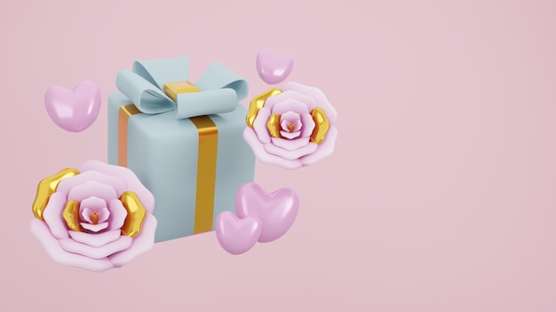 Foto glücklicher valentinstag der geschenkbox mit rose und herz auf rosa pastellhintergrund. 3d-rendering