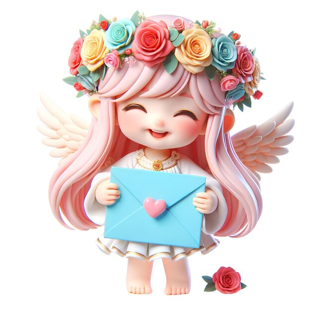 Foto glücklicher valentinstag konzept 3d cherub oder cupid trägt engel kostüm hält blauen umschlag steht auf dem podium es gibt eine krone aus roten rosen auf dem kopf weißen hintergrund