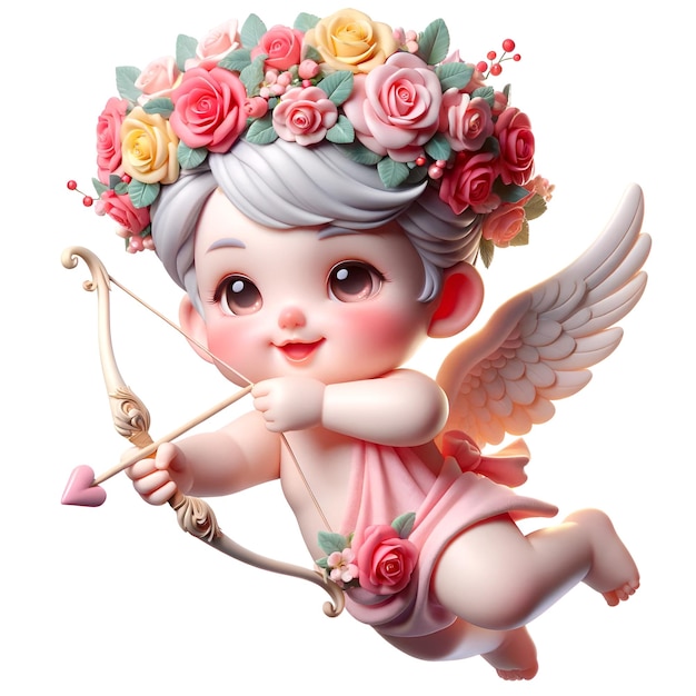 Glücklicher Valentinstag-Konzept 3D Lächelnder pastellrosa Cherub oder Cupid fliegt mit einer Krone von Rosen auf dem Kopf und schießt einen Pfeil und trägt ein Engelkostüm auf weißem Hintergrund