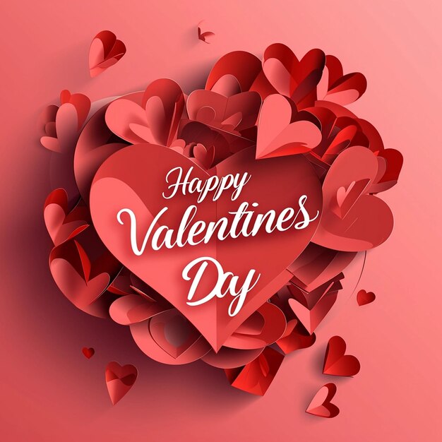 Glücklicher Valentinstag Typografie mit 3D-Herzen Liebe und Rosen Hintergrund