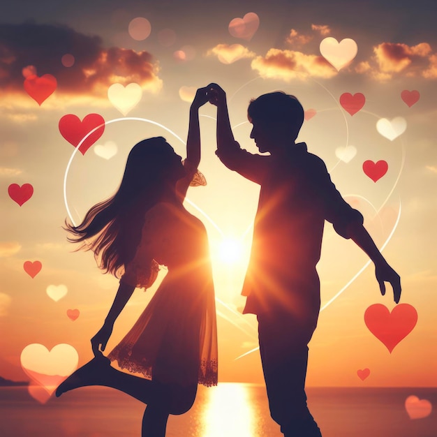 Glücklicher Valentinstag verliebtes Paar am Sonnenuntergang Hintergrund mit Herzformen ai generativ