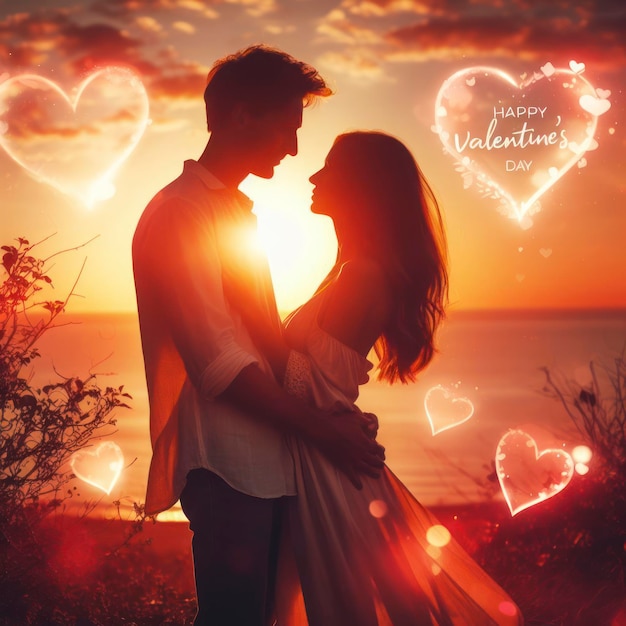 Glücklicher Valentinstag verliebtes Paar am Sonnenuntergang Hintergrund mit Herzformen ai generativ