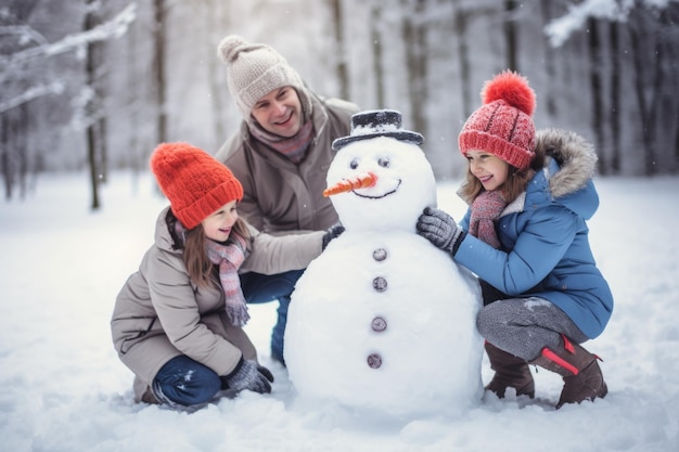 Glücklicher Vater, Mutter und Kinder formen einen lustigen Schneemann