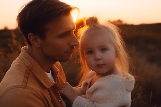 Glücklicher Vater und entzückende kleine Tochter verbringen gemeinsam Zeit im Freien bei Sonnenuntergang. Generative KI