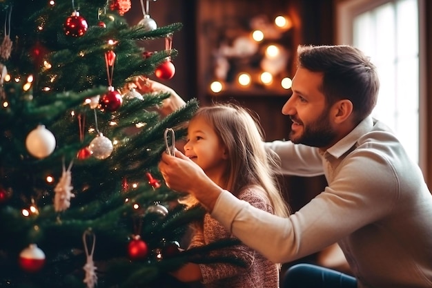 Glücklicher Vater und seine kleine Tochter dekorieren den Weihnachtsbaum zu Hause Weihnachtenlichter Selektiver Fokus verschwommener Hintergrund