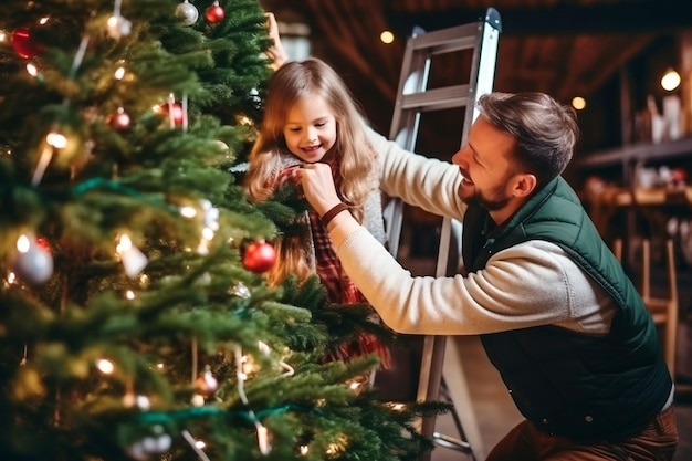 Glücklicher Vater und seine kleine Tochter schmücken den Weihnachtsbaum zu Hause Weihnachtslichter Selektiver Fokus verschwommener Hintergrund