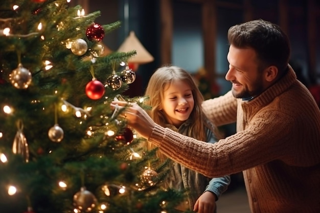 Glücklicher Vater und seine kleine Tochter schmücken zu Hause den Weihnachtsbaum Weihnachtsbeleuchtung Selektiver Fokus Unscharfer Hintergrund