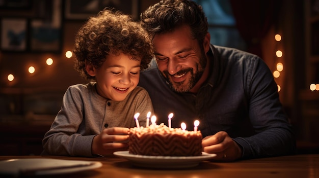 Glücklicher Vater und Sohn feiern Geburtstag mit einem riesigen, leckeren Kuchen mit Kerzen, der mit generativer KI-Technologie erstellt wurde.