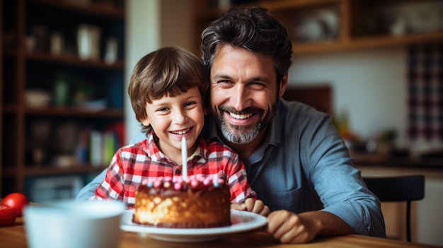 Glücklicher Vater und Sohn feiern Geburtstag mit einem riesigen leckeren Kuchen mit Kerzen, erstellt mit generativer KI-Technologie
