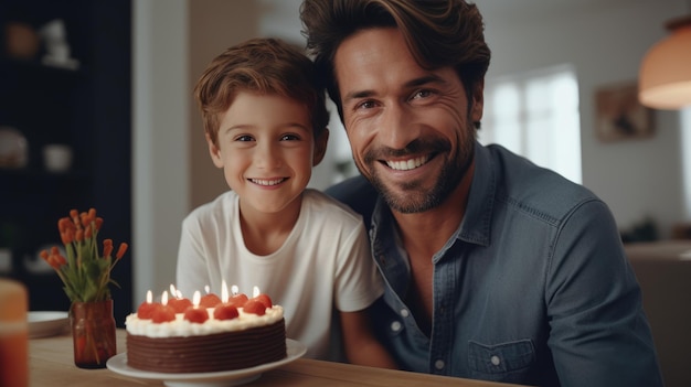 Glücklicher Vater und Sohn feiern Geburtstag mit einem riesigen leckeren Kuchen mit Kerzen, erstellt mit generativer KI-Technologie