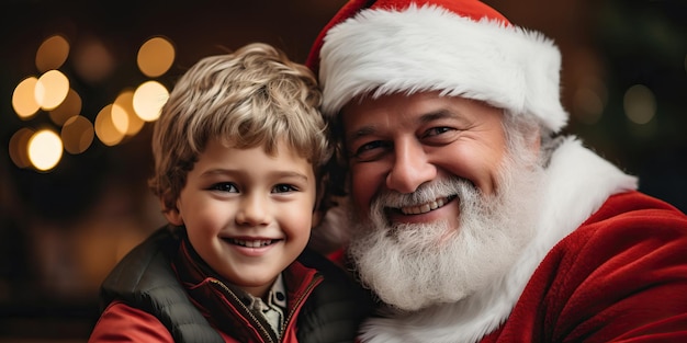 glücklicher Vater und Sohn im Weihnachtsmannkostüm Weihnachts- und Neujahrskonzept