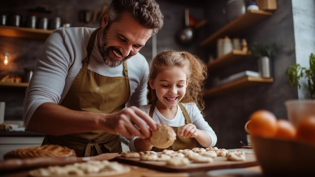 Glücklicher Vater und Tochter backen in der Küche Illustration AI GenerativexA