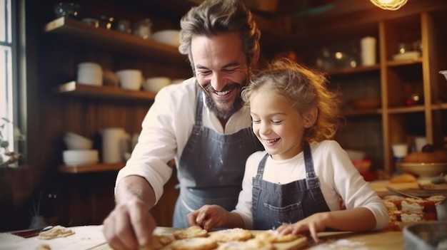 Glücklicher Vater und Tochter backen in einer Küche Illustration AI GenerativexA