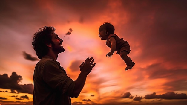 Glücklicher Vater wirft das Baby bei Sonnenuntergang zu Generative KI