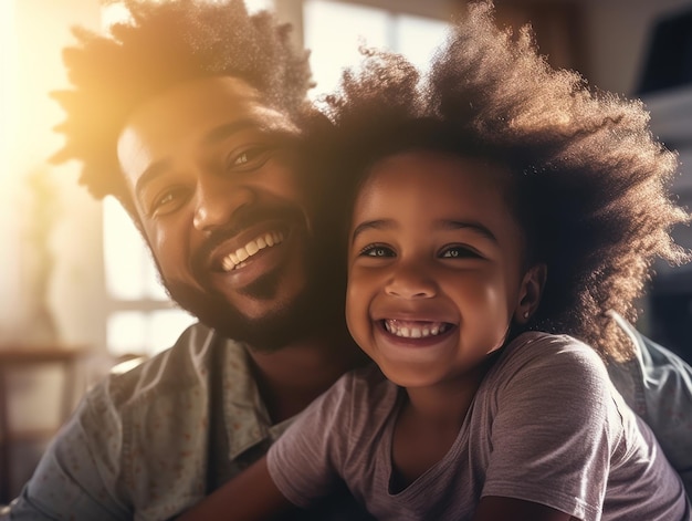 Glücklicher Vatertag. Afroamerikanischer Vater und Tochter lächeln glücklich