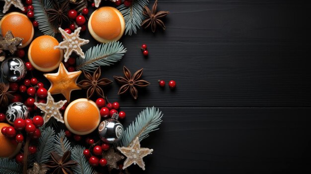 glücklicher Weihnachts-Hintergrund mit dem Konzept von Pflanzen und Weihnachten-Ornamenten auf schwarzem Hintergrund