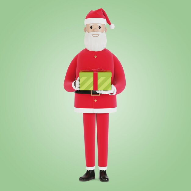 Glücklicher Weihnachtsmann-Charakter mit Geschenkbox. Für Weihnachtskarten, Banner und Etiketten. 3D-Darstellung im Cartoon-Stil.