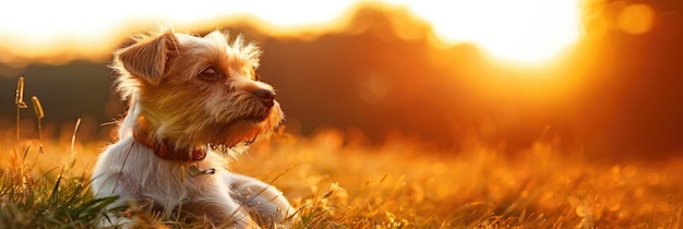 Glücklicher Welpe, der auf den Sonnenuntergang schaut, Hund, der den Abendsonnenuntergang bei orangefarbenem Licht genießt