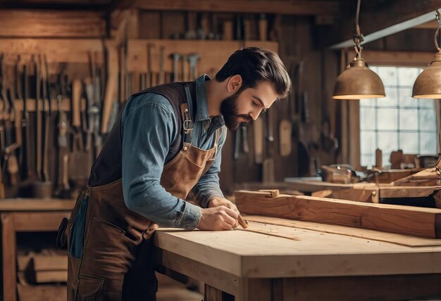 Glücklicher Zimmermann lächelt, um Entwürfe zu entwerfen Holzmöbel in Holzwerkstatt professionell aussehen hohe Fähigkeiten echte authentische handgefertigte Arbeiter