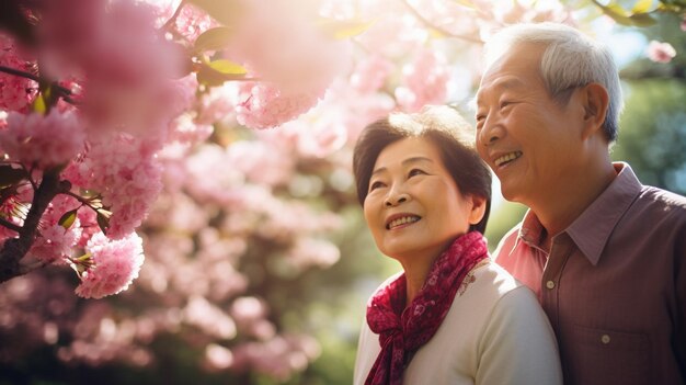 Glückliches älteres asiatisches Paar geht auf einer blühenden Sakura spazieren