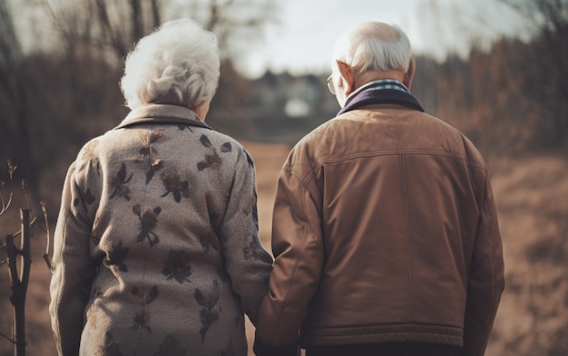 Glückliches älteres Ehepaar Großvater und Großmutter Blick von hinten Händchen haltend Generative Ai